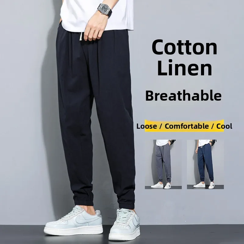 

Summer Men's Casual Loose Cotton Linen Trousers Harajuku Sle Youthful Thin Material Comfortable Sports Pants mid Waist