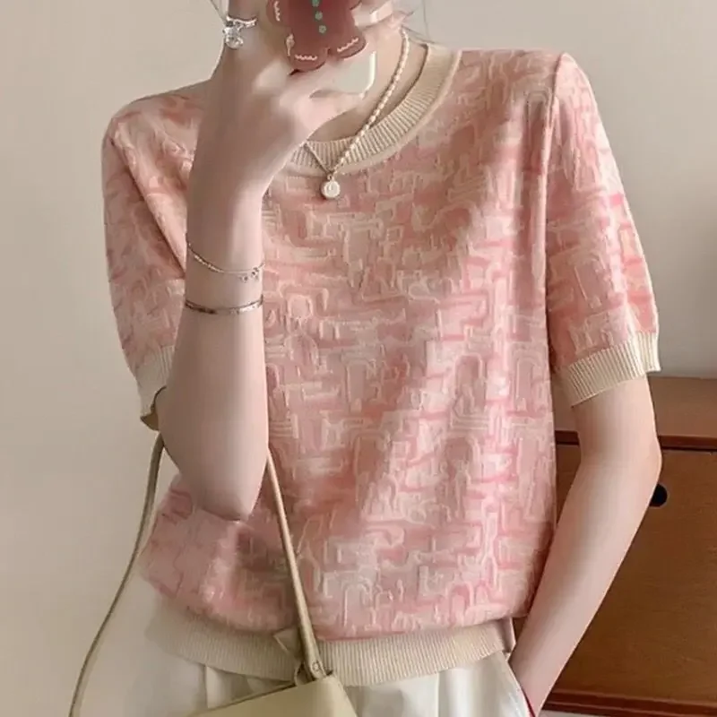 

Summer Sweet New Womens Round Neck Spliced Jacquard Thin Loose Simplicity All-match Ice Silk Short Sleeve Knitted T-shirts Tops