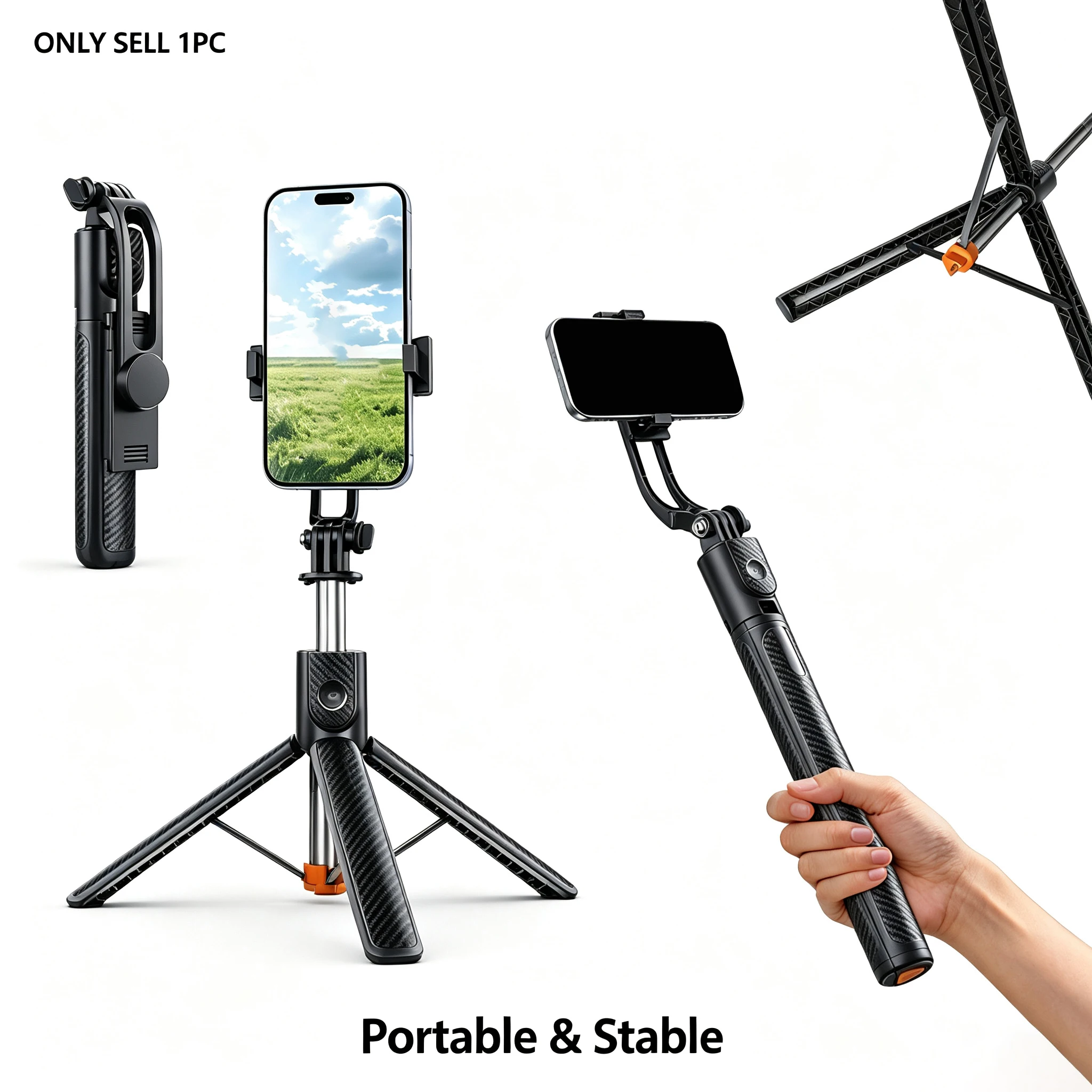100cm/170cm ausziehbares Selfie-Stick-Stativ. 360 ° Drehbarer tragbarer Telefonständer mit rutschfester Basis, geeignet für iPhone und Android. Per – Detail 3