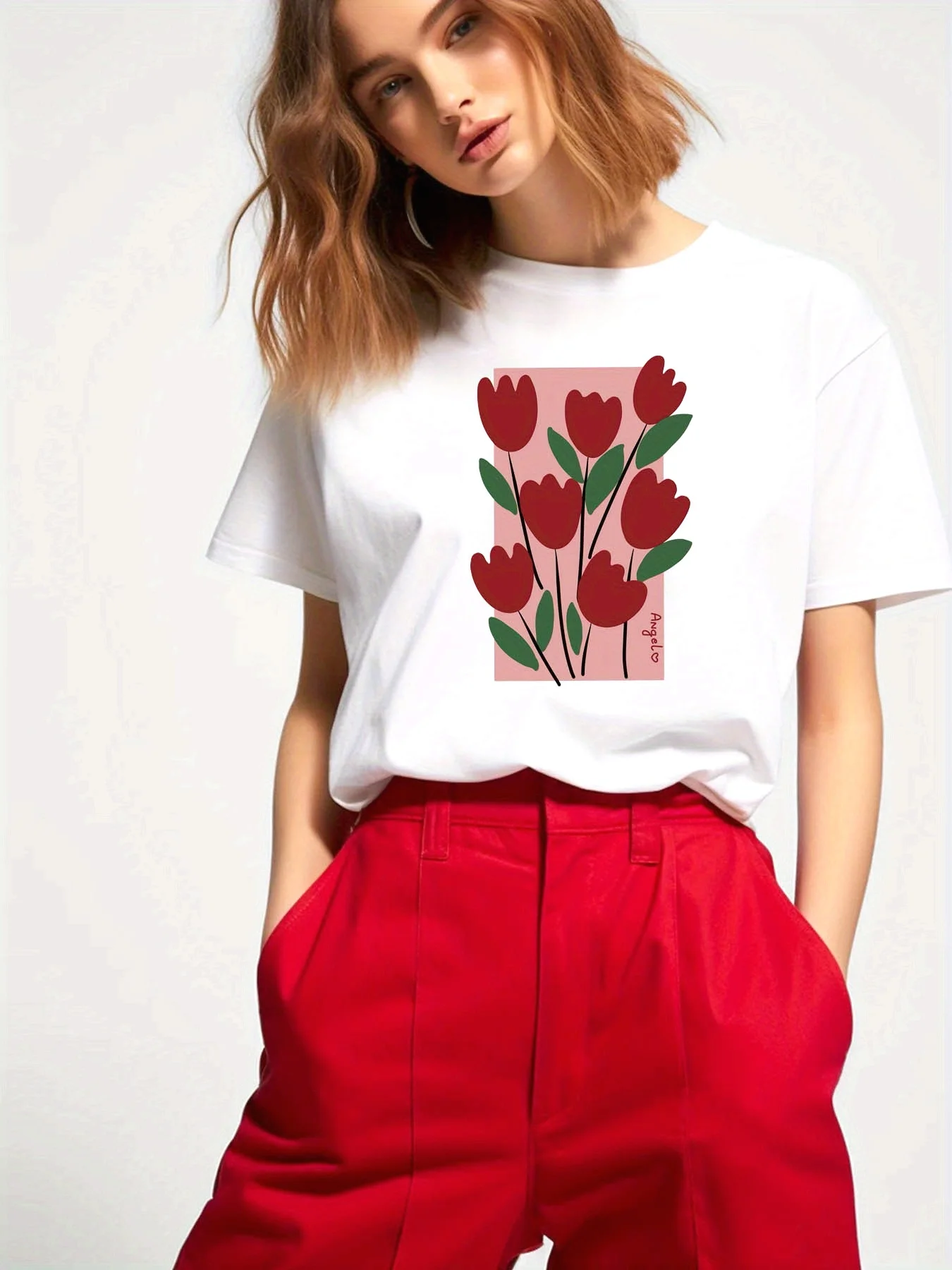 

Women'S Casual Red Tulip Print T-Shirt - Short Sleeve, Round Neck, Lightweight Polyester, Spring/Summer Collection