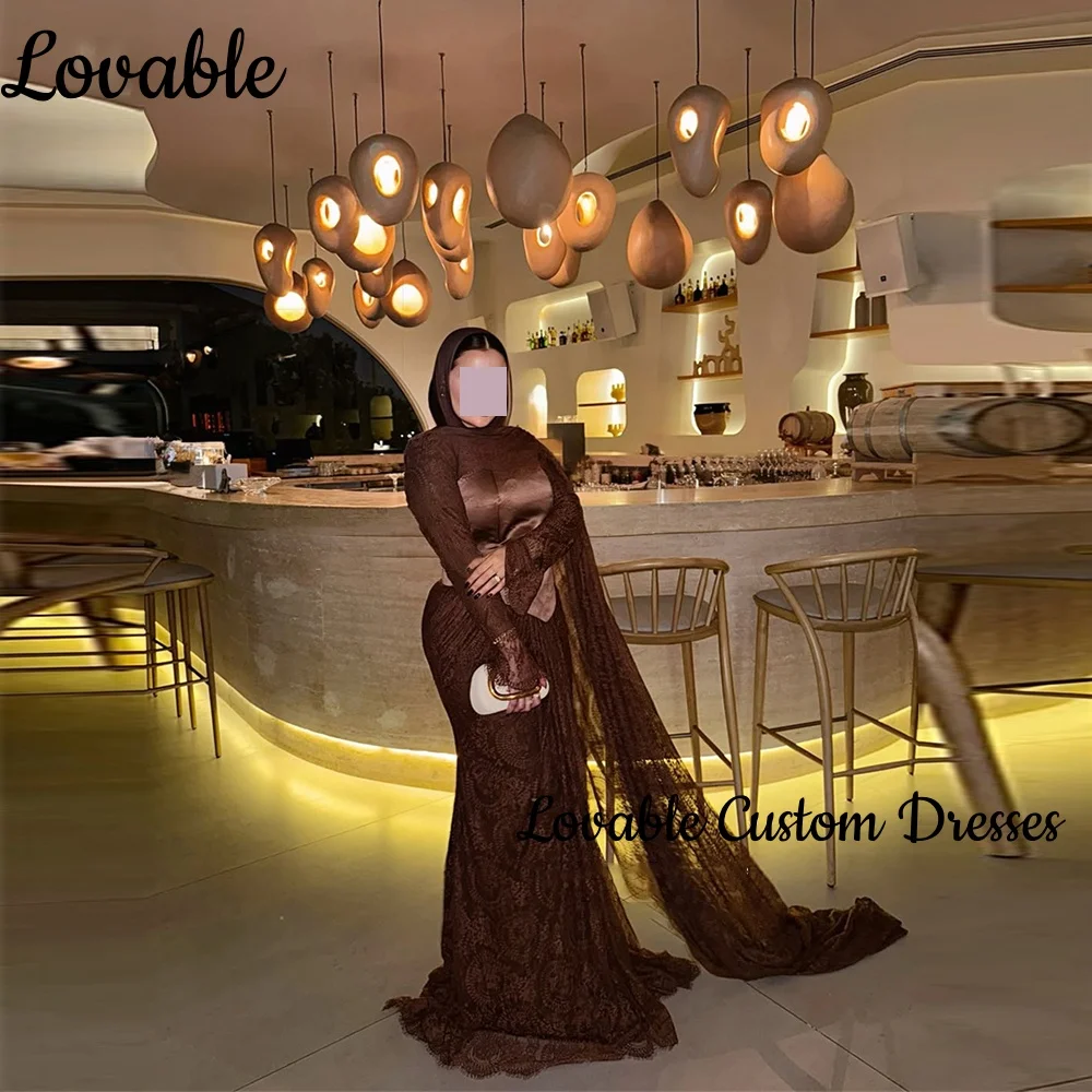 

Customize Scoop Neckline Luxury Dresses Evening Mermaid Elegant Dresses For Women Floor-Length Lace Long Sleeves Prom Dress