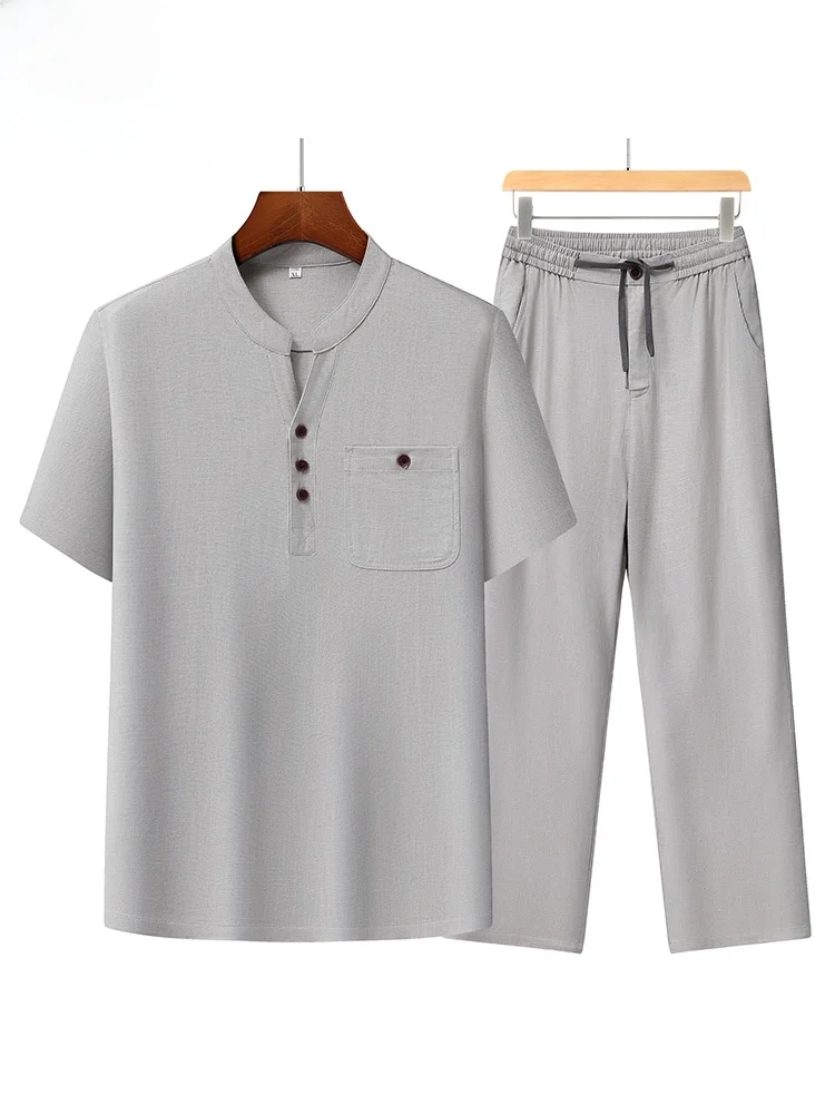 pierre-cardin-cotton-linen-short-sleeve-two-piece-set-men's-summer-clothing-traditional-chinese-style-casual-wear-for-middle