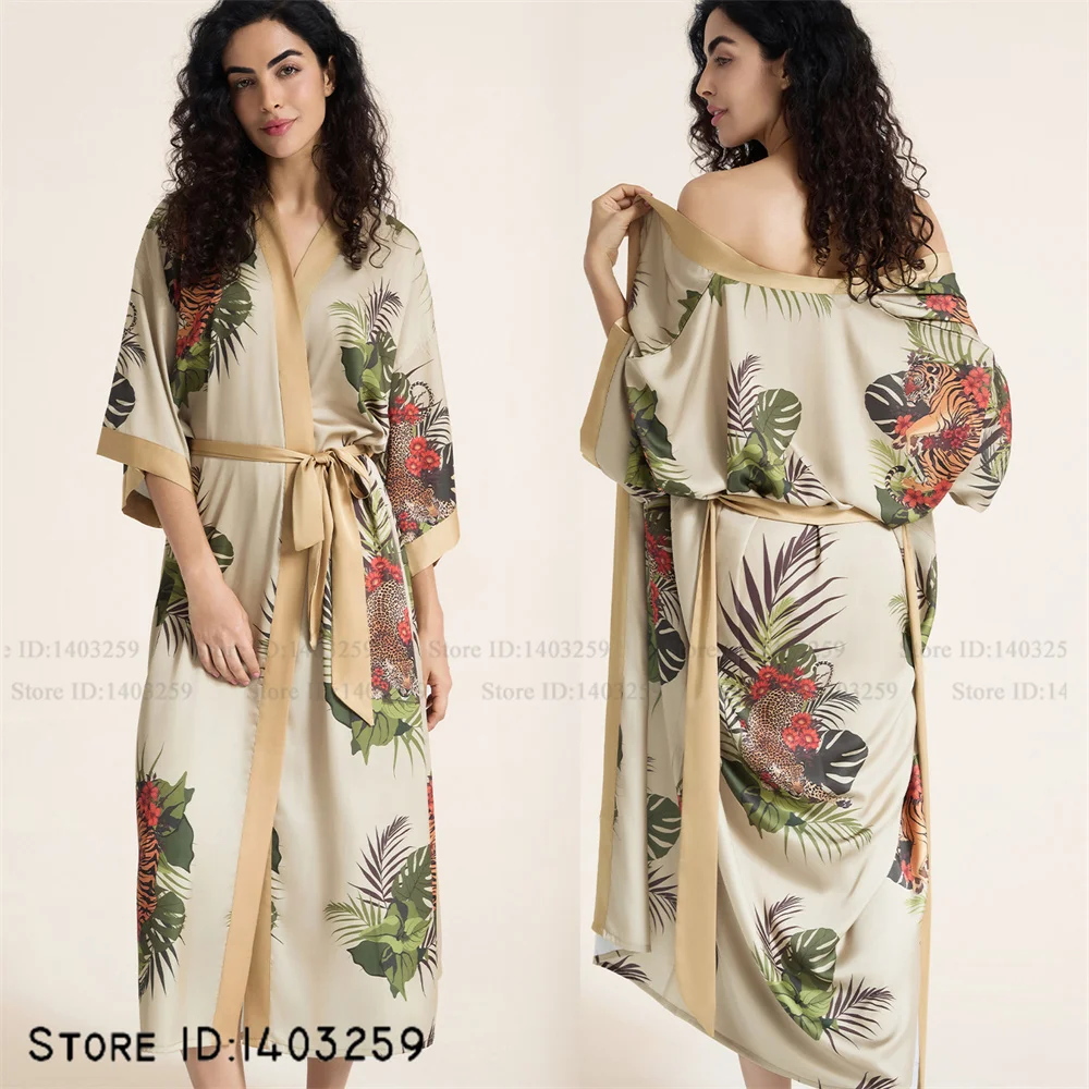 Sexy Leopard Long Robe Nightgown Home Dress Loose Silky Satin Kimono Bathrobe Gown Elegant Sleepwear Casual Loungewear Pajama