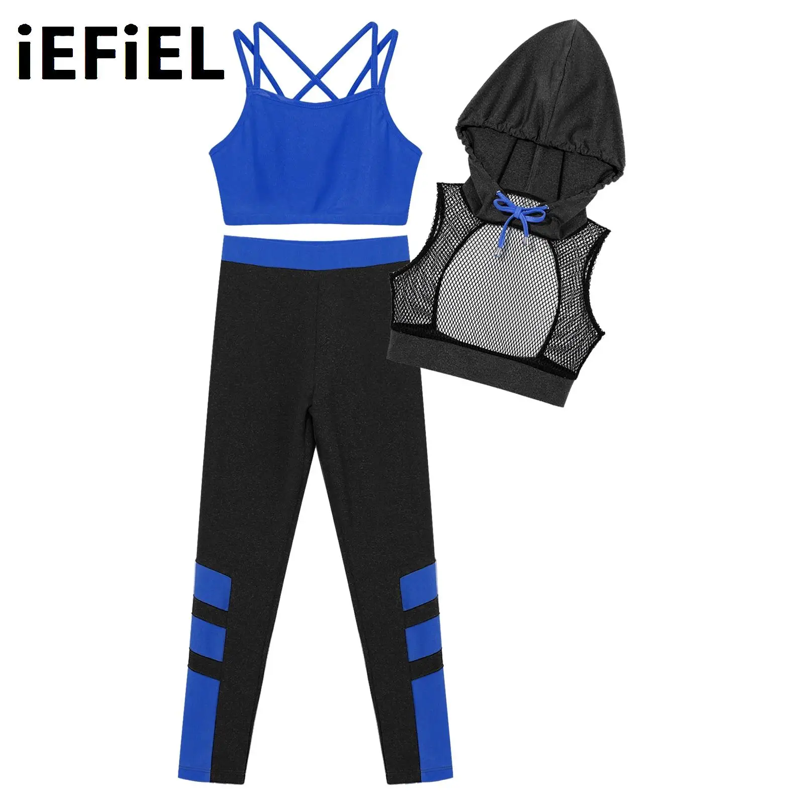 

Children Sports Swimsuit Set Girls Camisole Hooded Mesh Crop Vest And Elastic Waistband Leggings Suit for Dance