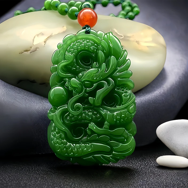 Natural Verde Jade Dragão Pingente Beads Colar, Mão-Esculpida Charme Chinês, Presentes de Jóias para Homens e Mulheres, Moda