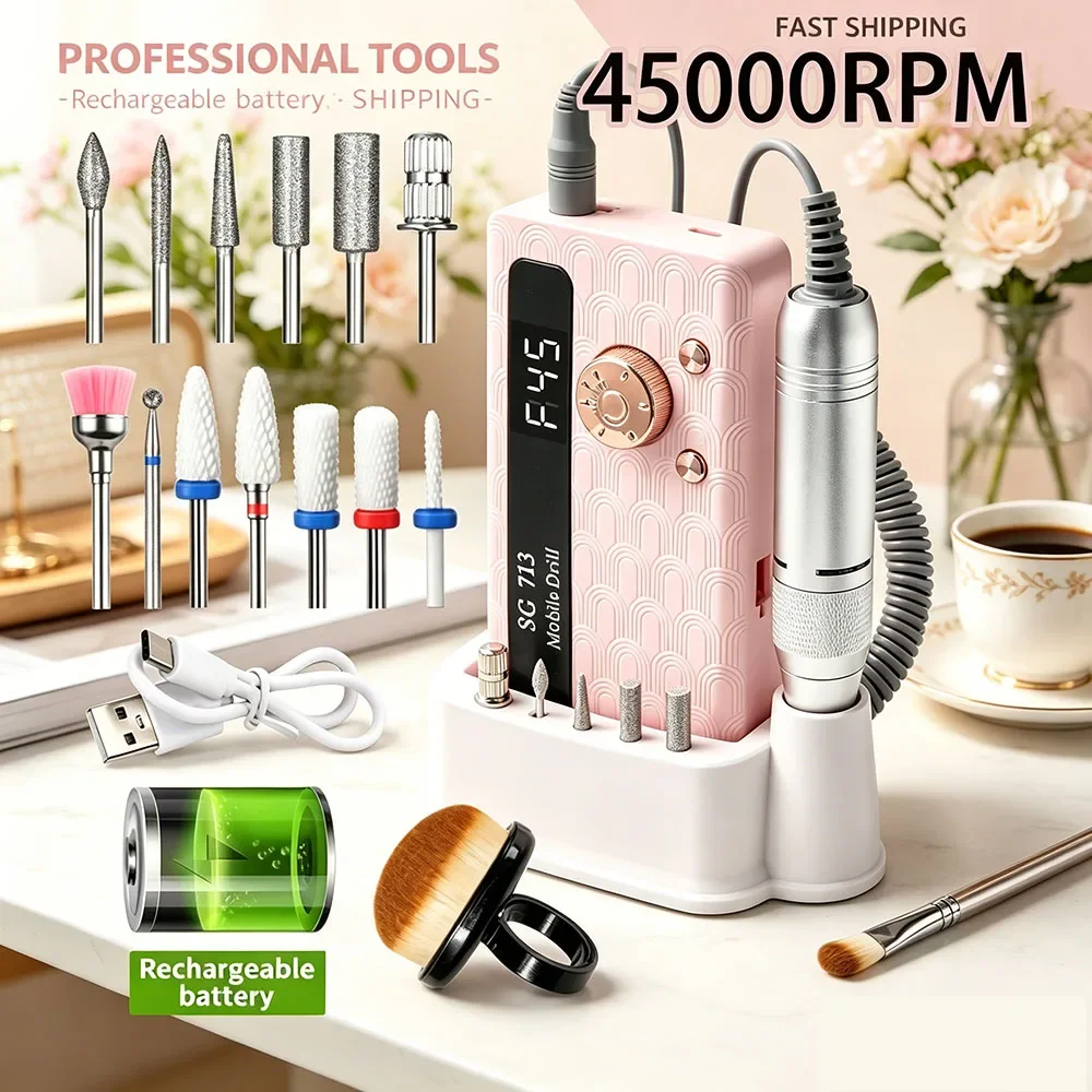 

35000/45000RPM Rechargeable Nail Drill Machine, Portable Electric Manicure File for Gel Polish Removing and Nail Grinding
