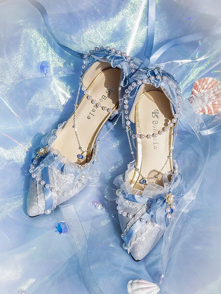 Daily Lo Shoes Flower Wedding Lolita Thin and Glittering Pointed High Heels