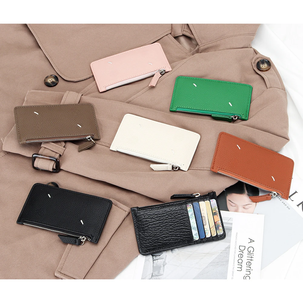 Genuine Leather Zipper Wallet Case For Credit Card ID Card Holder Quadrangular Stitching Storage Money Clip Zero Money Bag Purse