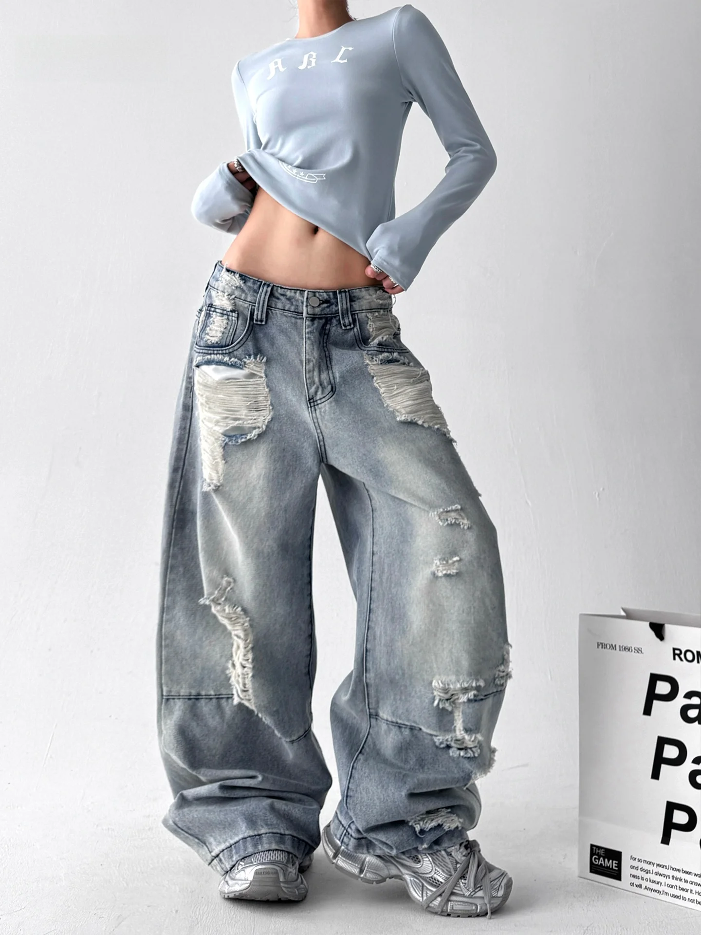 

Ретро американские синие джинсовые брюки с дырками, женские летние новые свободные широкие брюки длиной до пола, High Street