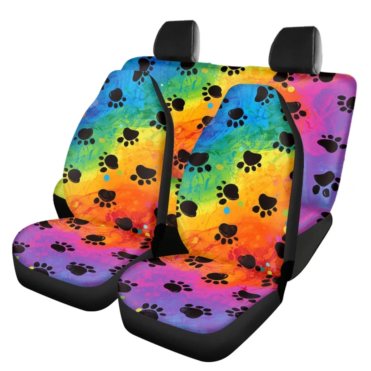 Rainbow Dog Paw Print Design Non-skid Front and Back Car Seat Cushion Cute Women Car Front and Back Seat Cover Breathable