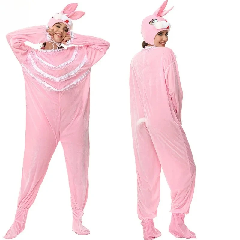 

Women's Pink Bunny Plush Onesie Costume - Full-Body Outfit with Bunny Headpiece (Ears Included), Tail & Ruffled Chest Detail