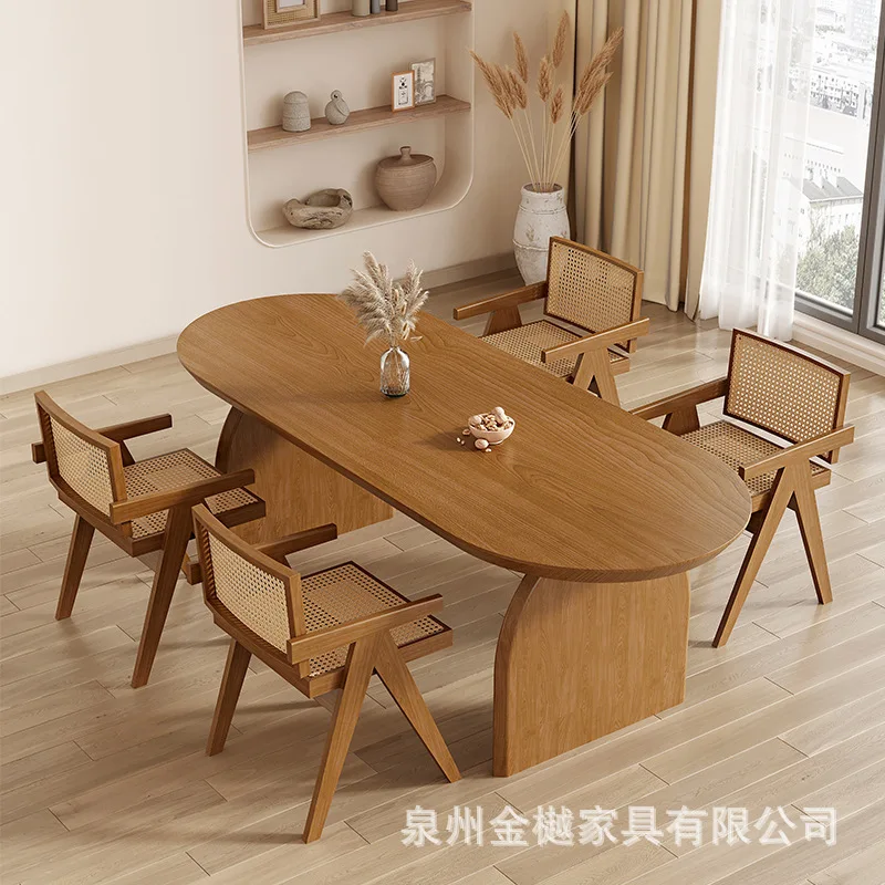Nordic Solid Wood Dining Table Oval Small Apartment Log Dining Table Wabi Wind Living Room Dining Table And Chair Combination So