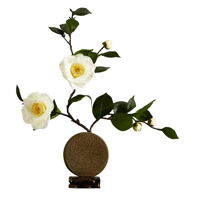 

Flower Arrangement on Dining Table in Dining Room Camellia Artificial Flower Tea Table Fake Flower Decoration Zen Chinese Style