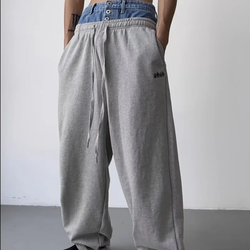 HKSH Spring Autumn Men's Tide Punk Patchwork Rugged Floor Length Spliced Denim Pants Wide Leg Straight Fashion Sweatpants HK2485