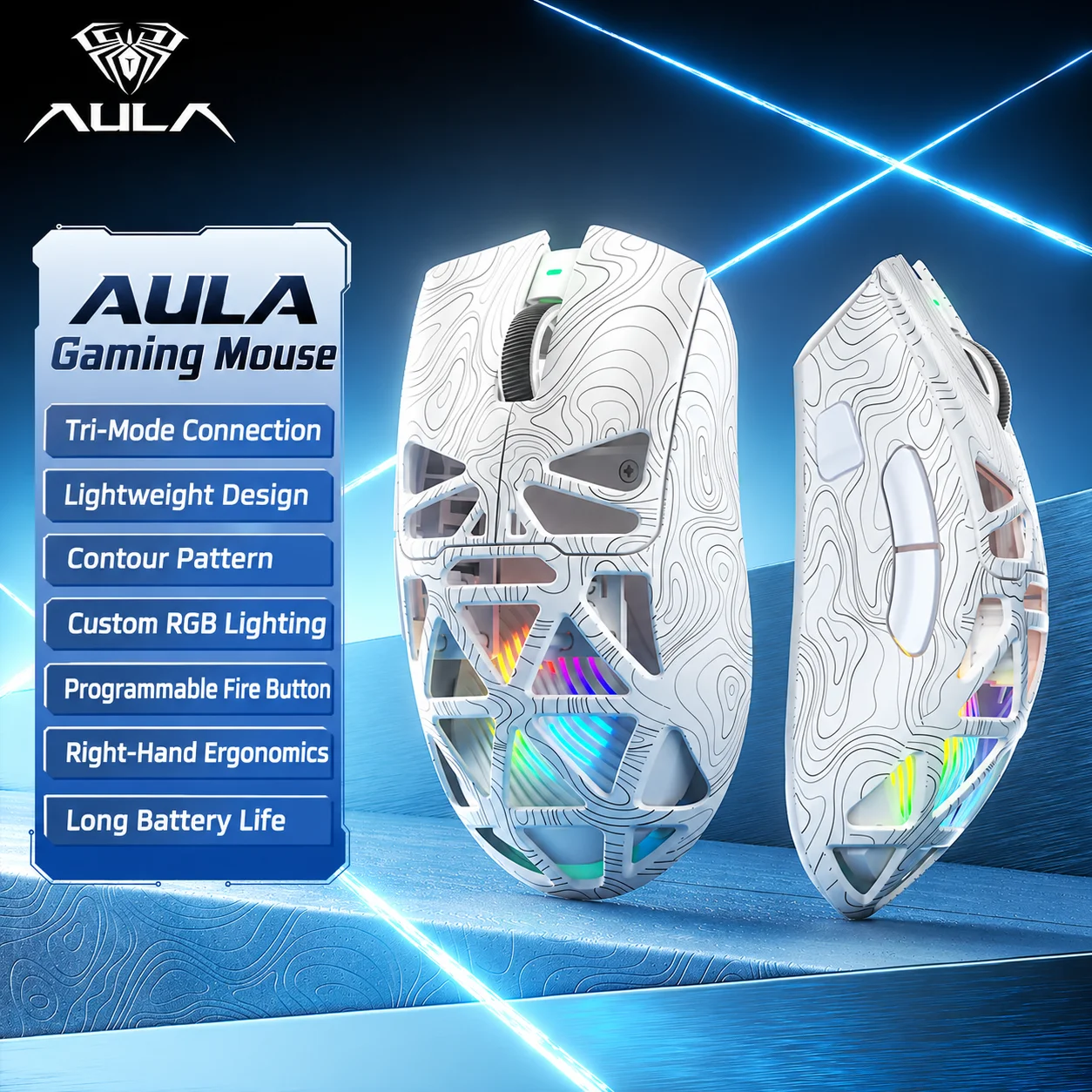 AULA SC620 Wireless Gaming Mouse 67g Honeycomb Lightweight Tri-Mode 2.4G Bluetooth USB-C PAW3311 12000 DPI RGB Fire Button