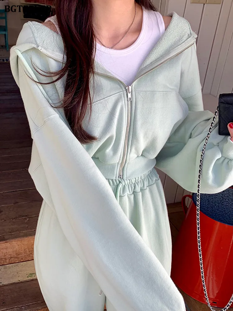 BGTEEVER Spring Ladies Tracksuits Long Sleeve Zippers Hooded Sweatshirts & Wide Leg Drawstring Pants Casual Women Trouser Set