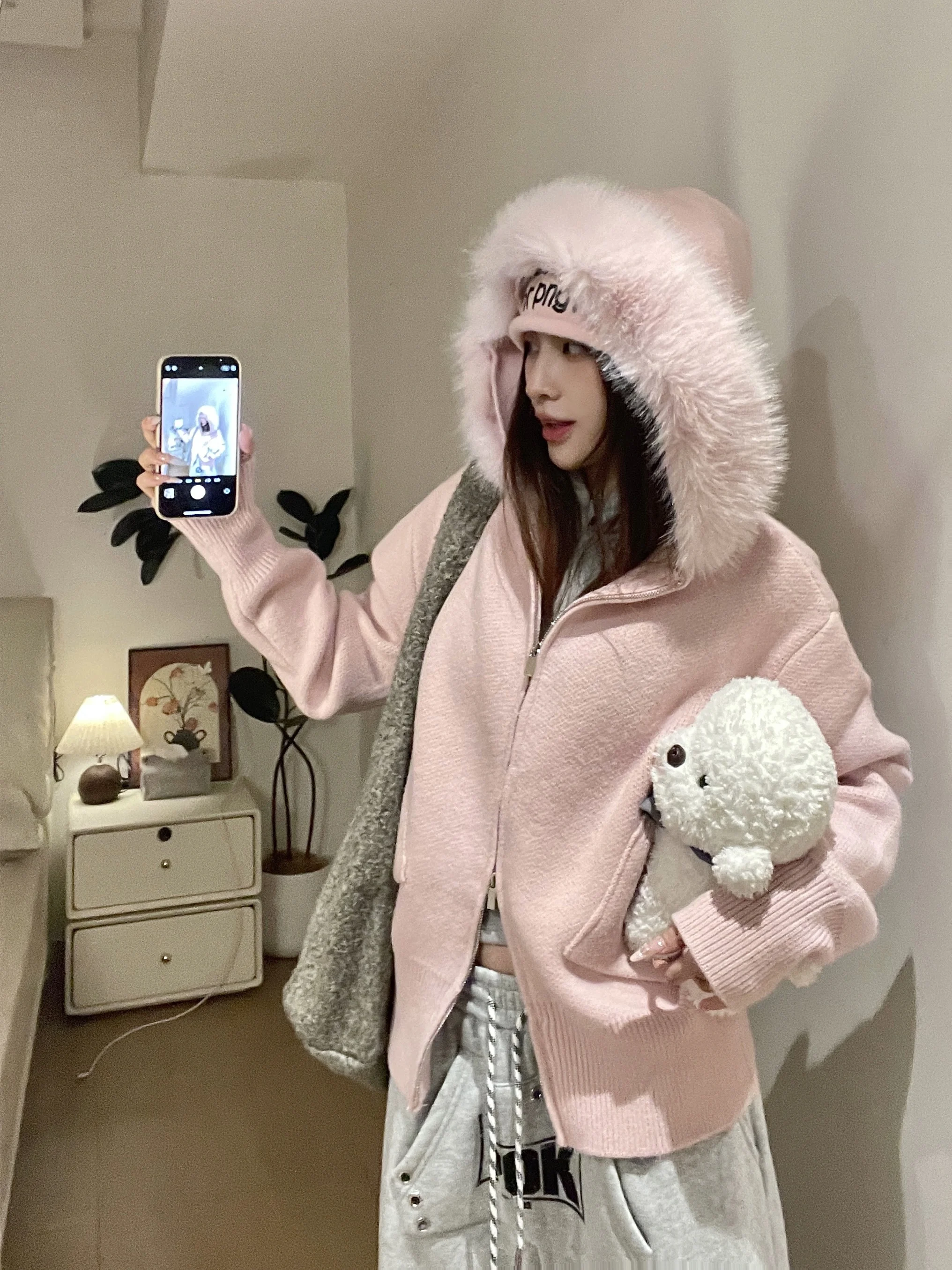 

Розовое утепленное вязаное пальто-кардиган для женщин с меховым воротником, свободного кроя, на молнии, для повседневной носки, осень-зима