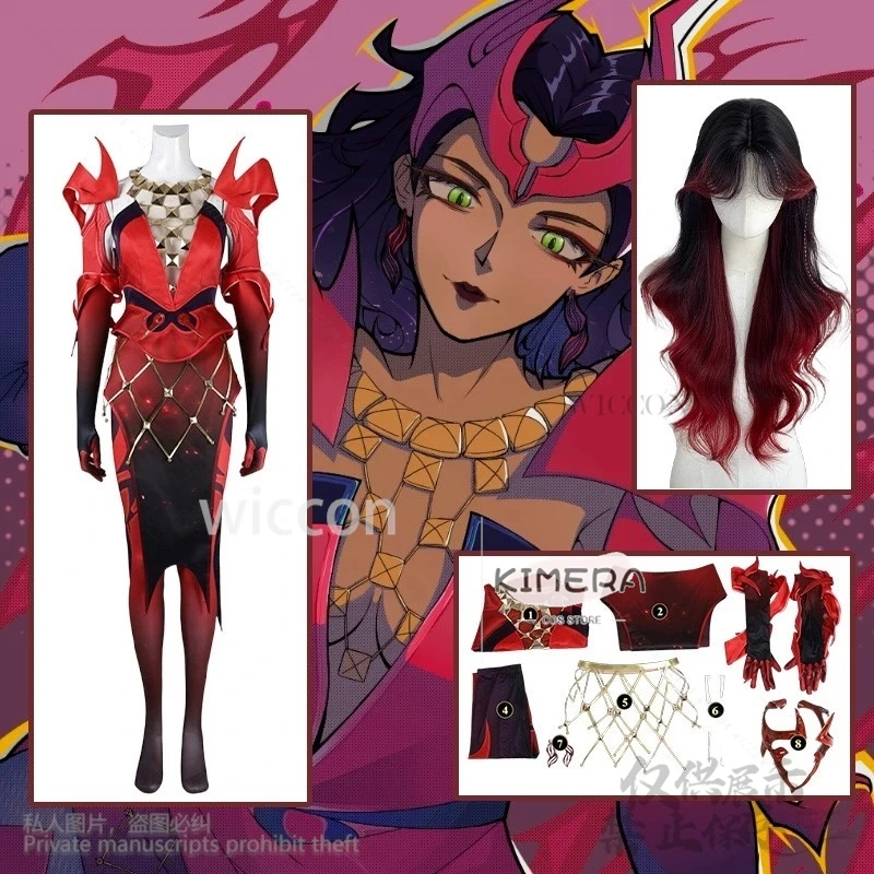 

Anime Game Rivals Cosplay Witch Red To Black Gradient Wigs Sexy Jumpsuit Halloween Party Punk Y2K Bodysuit Headwear Customized