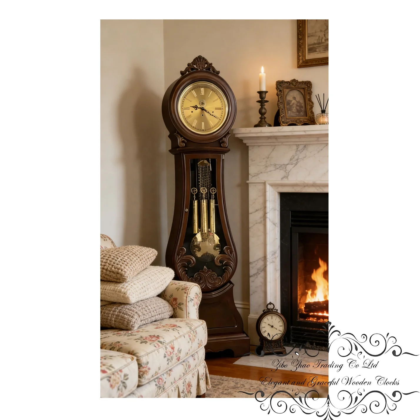 Elegant Wooden Floor Grandfather Clock Schwarzwald Solid European Cherrywood Treasure Oak Edges Hermle German Mechanical