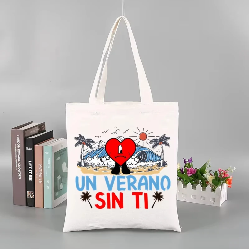 Zestaw upominkowy Un Verano Sin Ti, torba na zakupy z nadrukiem Bad Bunny, codzienna płócienna torba na ramię z mini torbą do przechowywania