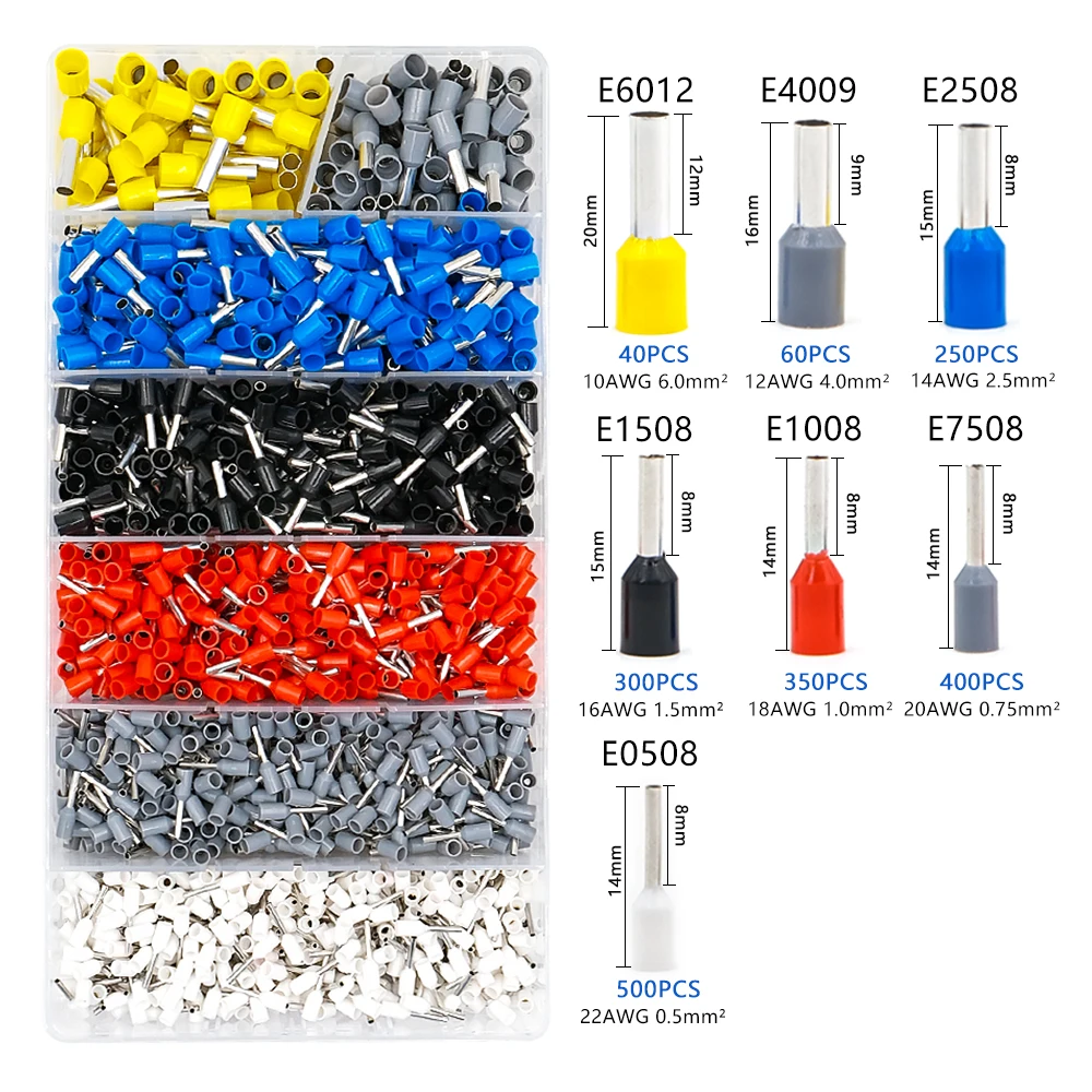 1900Pcs Insulated Crimp Ferrule Terminals Kit, Brass Wire Cord Ends with PA66/UL94V-0 (E0508/E7508/E1008/E1508/E2508/E4009/E6012