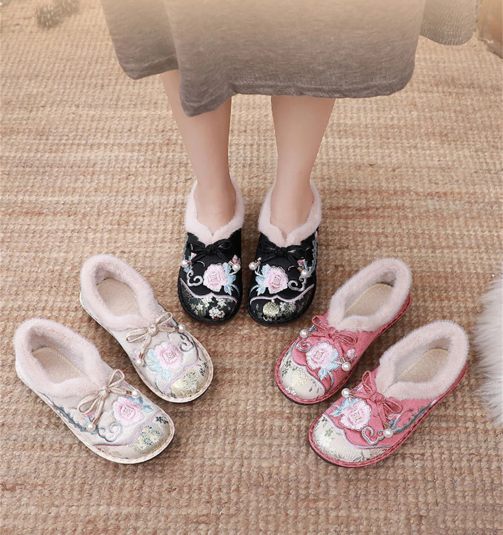 Winter Ethnic Style  Old Beijing Cloth Shoes Women's  Retro Embroidered Cotton Flats Plus Velvet Warm Soft-soled Non-slip Shoes