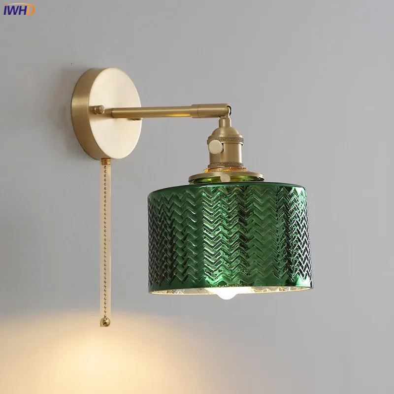 

IWHD Green Glass LED Wall Light Fixtures Pull Chain Switch Copper Wandlamp Bedroom Bathroom Mirror Nordic Modern Wall Lamp