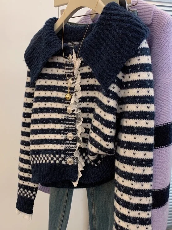 

Женский вязаный кардиган свободного кроя с отложным воротником, мягкий, уютный, в полоску, осенне-зимний топ в корейском стиле, стандартный размер