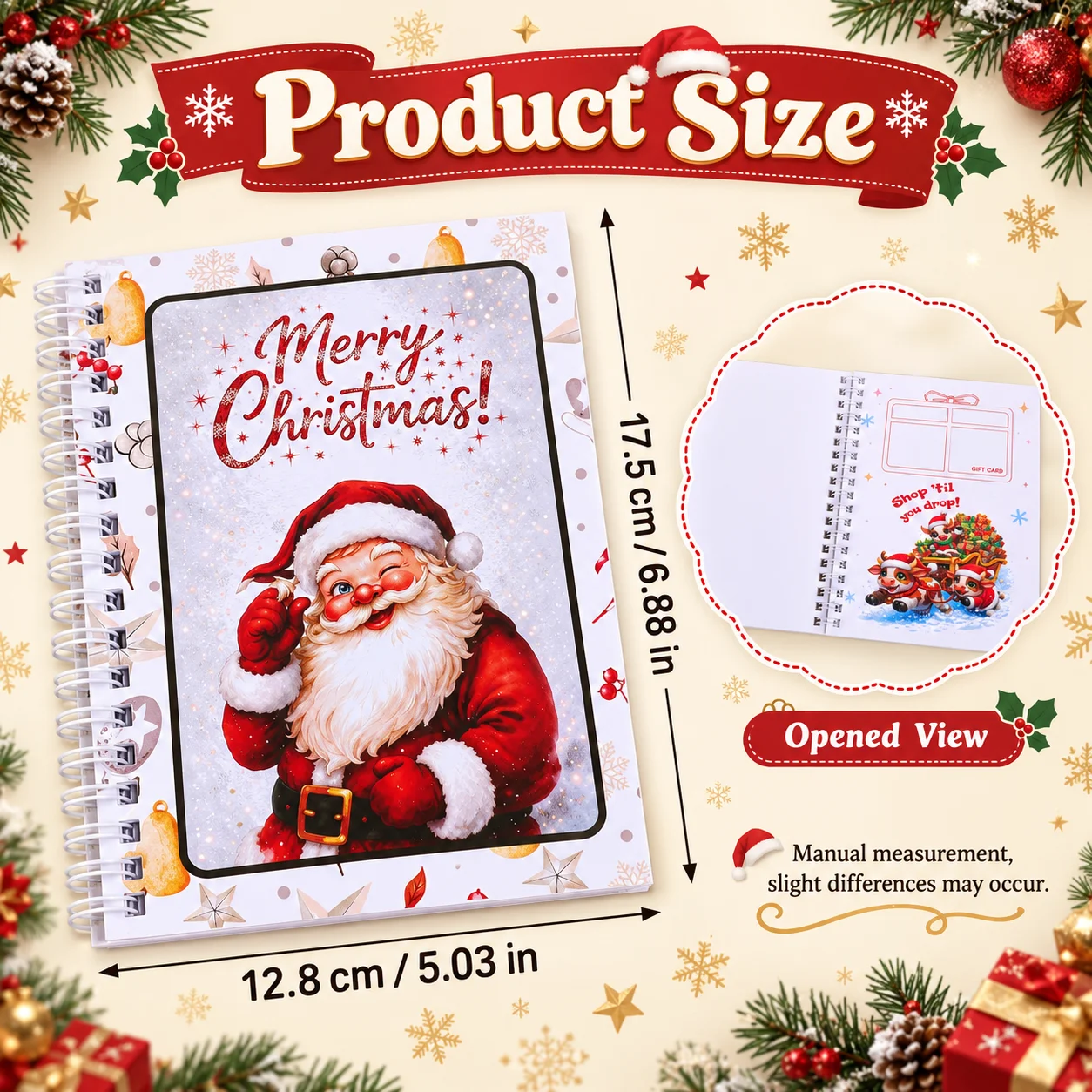 Gift Card Book, 5 Cute Cartoon Xmas Designs, Spiral Bound Portable Card Holder Organizer For Office Holiday Use Creative Gift