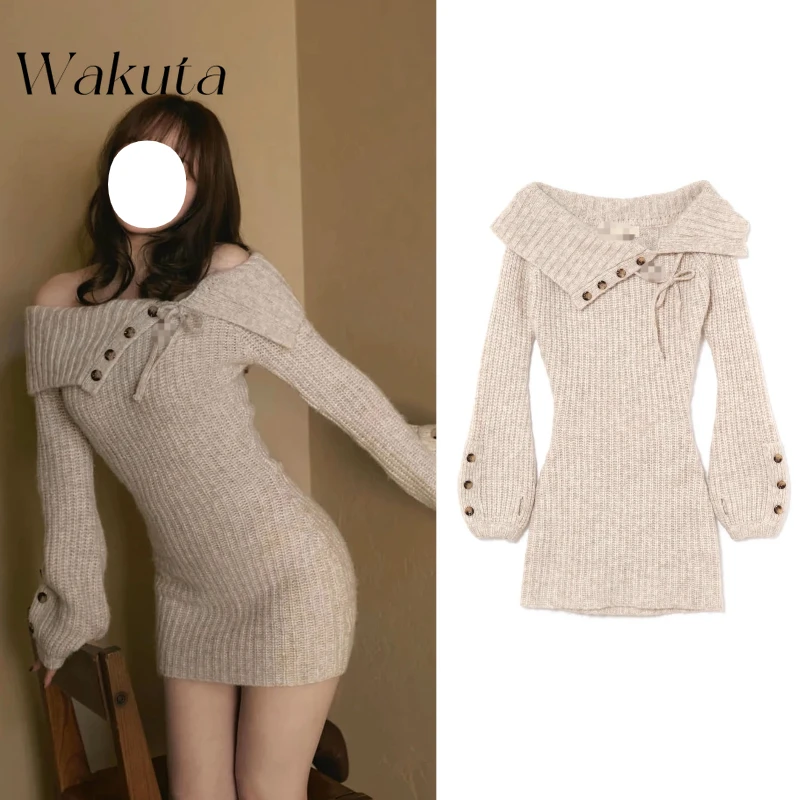 WAKUTA Sweet Japanese Style Niche 2205 Early Spring Sweet One Shoulder Lapel Knit Dress Retro Y2k Button Knit Mini Bodycon Dress