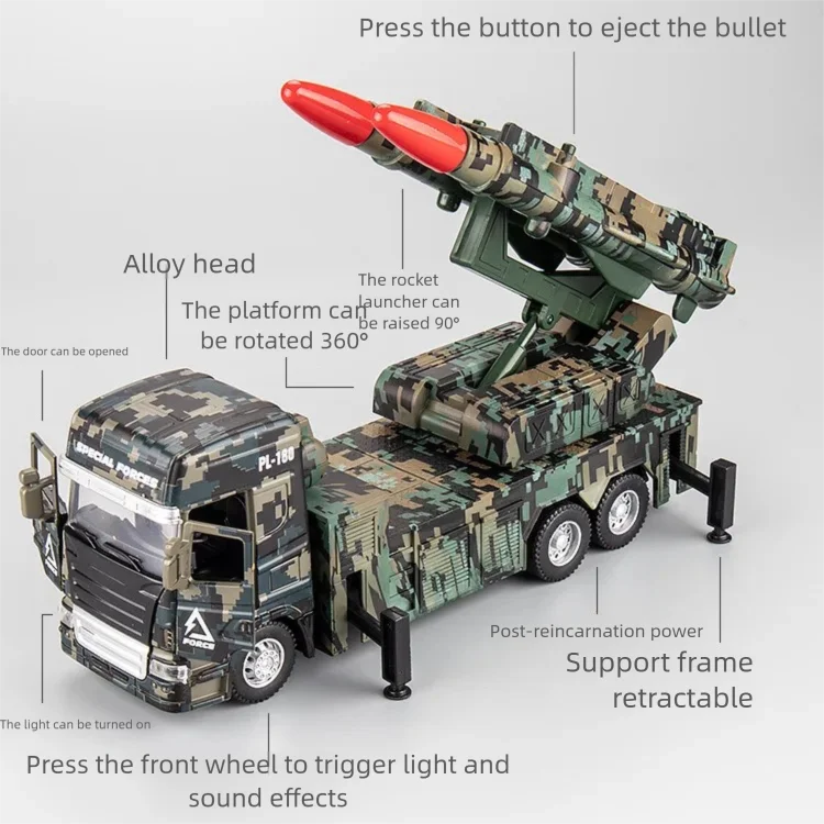 1:32 Alloy Missile Truck Model Car Toy Rocket Launcher Vehicle Diecast Sound Pull Back Military Models For Boy Birthday Gifts