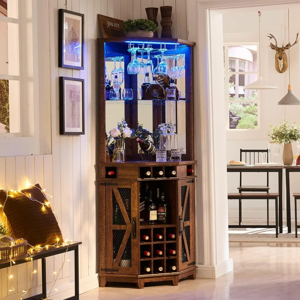 

Corner Bar Storage Cabinet, 72" Tall Farmhouse Wine Bar Cabinet w/Barn Door & Adjustable Shelf, Home Bar Cabinet w/LED Light &