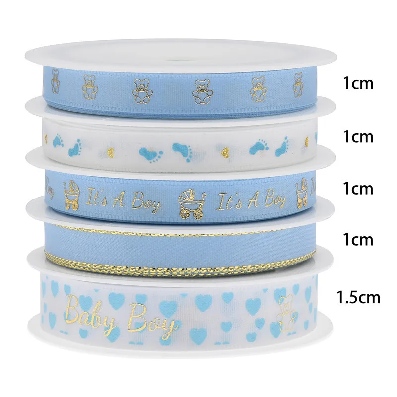 1/1.5cm Satin ribbon Blue baby boy ribbons cute bear it\'s a boy Metal gold print baby shower kid first birthday DIY Party favor