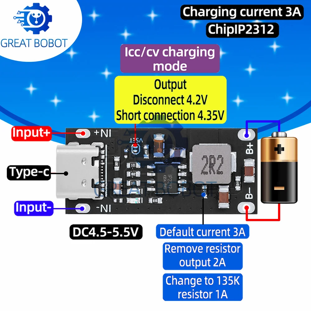 Type C USB Input High Current 3A Polymer Ternary Lithium Battery Quick Fast Charging Board IP2312 CC/CV Mode 5V To 4.2V