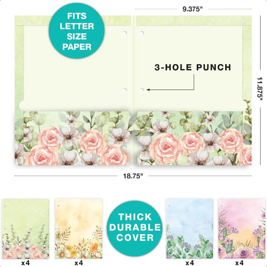 Deluxe Designer Pocket Folders Letter Size 3Hole Punched 4 Patterns 16 pk Watercolor Floral