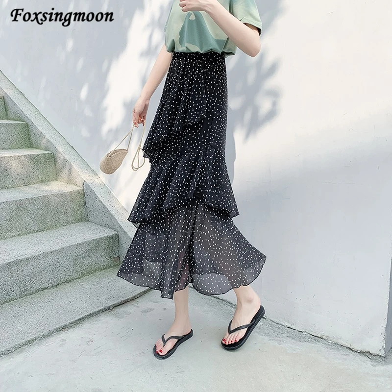 

Summer Skirts Womens 2022 New Polka Dots Floral Print Chiffon Pleated Skirt Irregular Cake Skirt Casual Midi Skirt Women Clothes