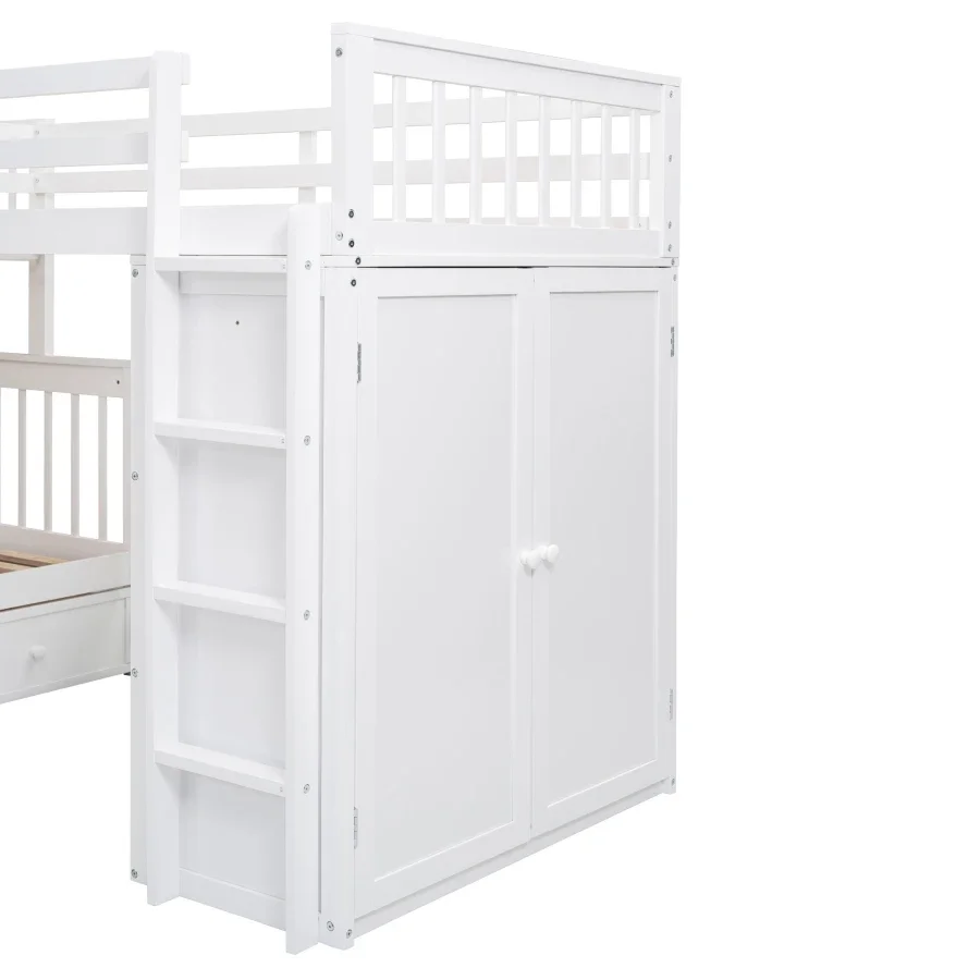 Twin-Twin over Full L-Shaped Bunk Bed With 3 Drawers, Portable Desk and Wardrobe, Maximized space, Health and Comfort