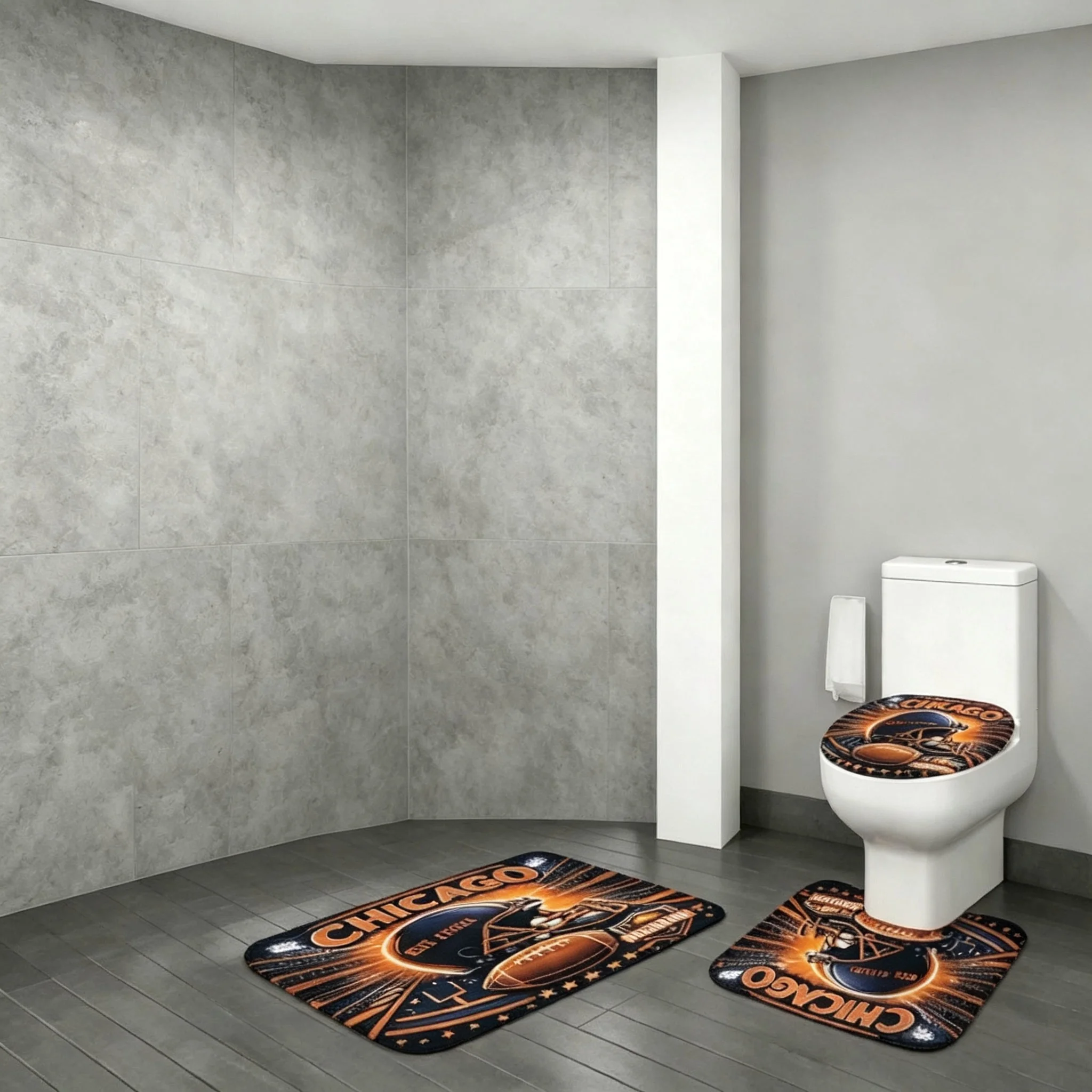 Chicago Football Sports Bathroom Mat Set, Non Slip U-Shaped Contour Bath Rug and Toilet Seat Cover, Sports Fan Bathroom Decor for Restroom