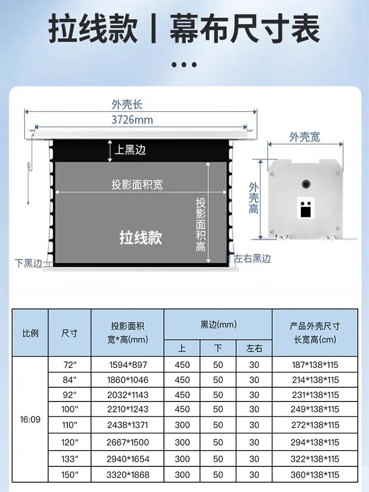 Projection screen embedded suspended concealed ceiling screen for household use, 100 inch and 120 inch