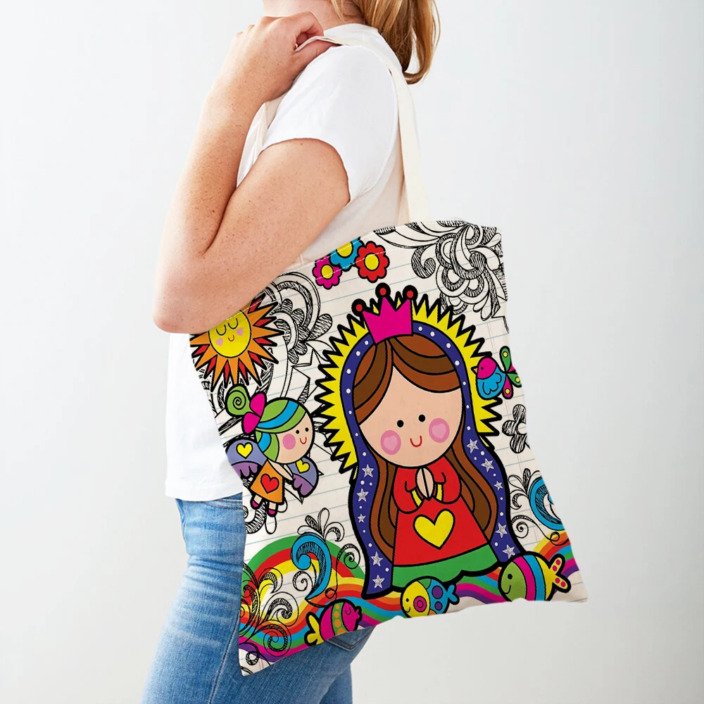 Ladies Shopping Bags Cartoon Virgin Mary Series Handbag Foldable Reusable Cloth Shopper Bag Harajuku Style Student Canvas Tote