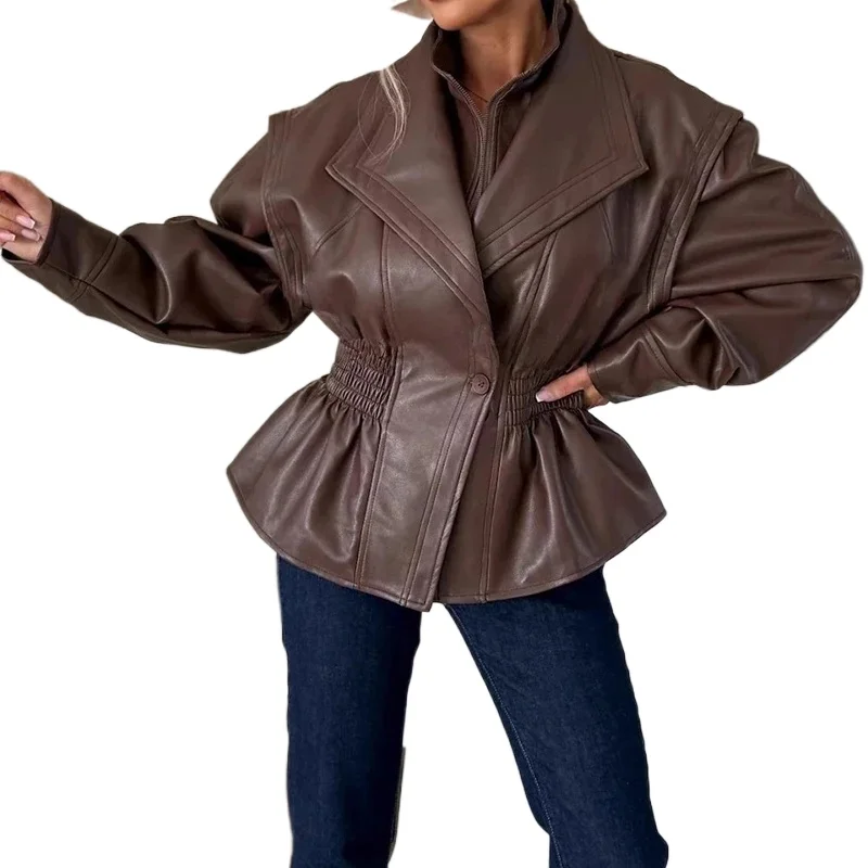 Cardigan con lacci con risvolto alla moda High Street Cappotto casual solido Capispalla Autunno Inverno PU Giacche in similpelle per le donne