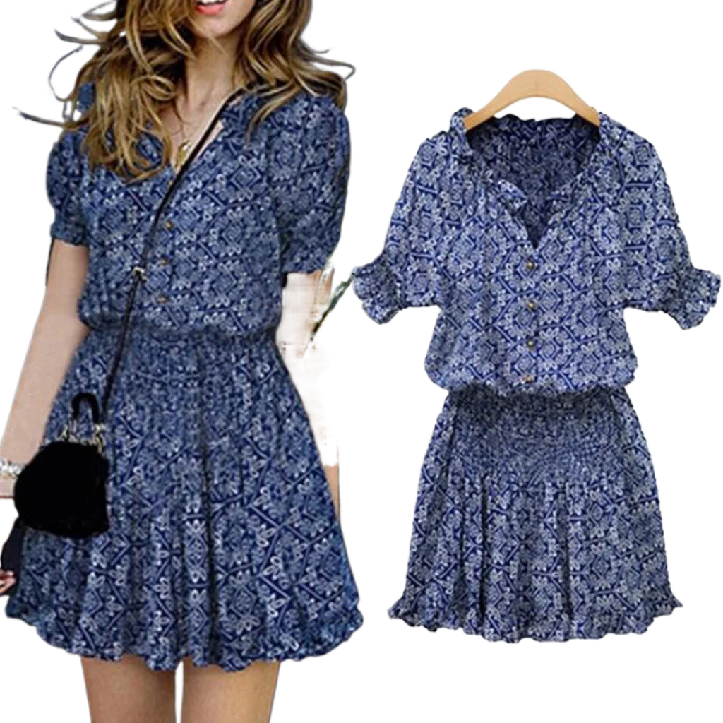 

Floral Print Women Short Dress Short Flared Sleeve Button Down V Neck Low Elastic Waist Short Dresses Flounced Dress