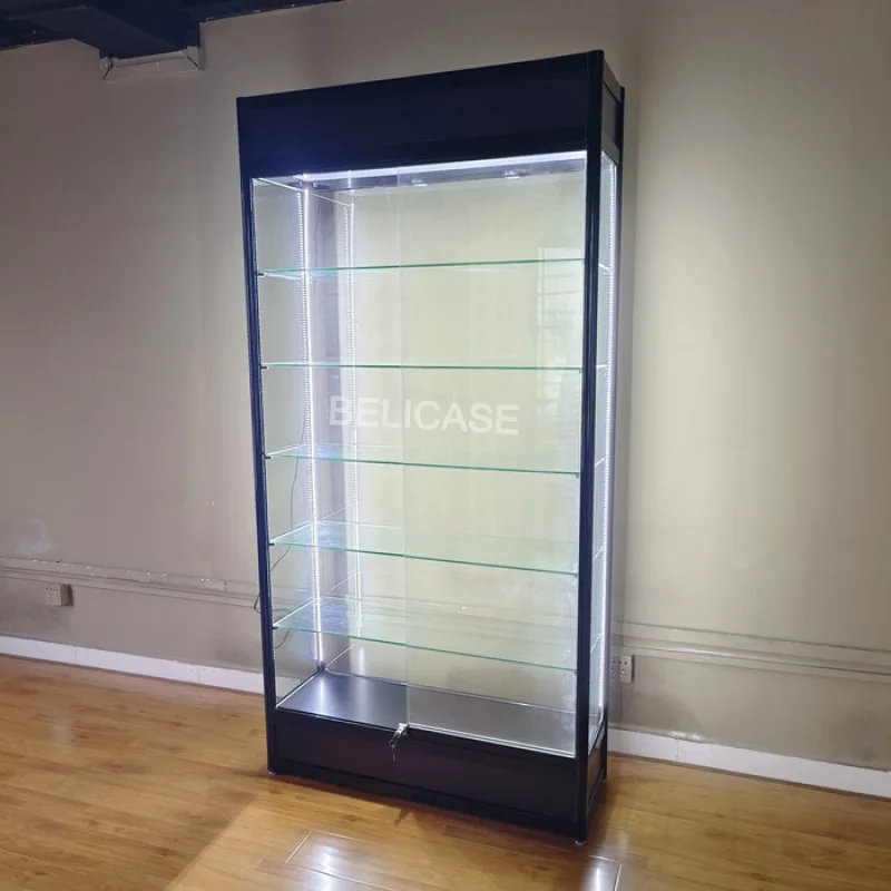 custom，Factory Price Wall Glass LED Display Cabinet Showcases Aluminum Smoking Shop Vitrines Showcases with Lock