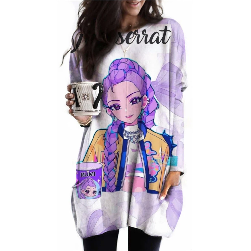 KPop Demon Hunters Crew Neck T-Shirt Casual O-Neck Long Sleeve Top Women's Clothing New Fashion Casual Oversized Tops Tees