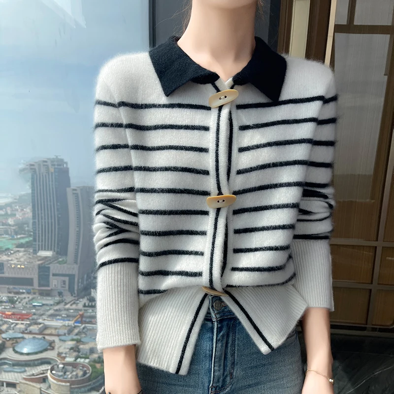 100% Cashmere Sweater Autumn Winter New Thick Coat Women's Clothing POLO Collar Knitted Cardigan Fashion Striped Long Sleeve Top