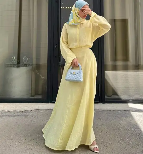 Women's Solid Color Long Sleeved Button Top Hip Hugging Long Skirt Casual Set Fashionable Elegant Outfit for Office And Parties