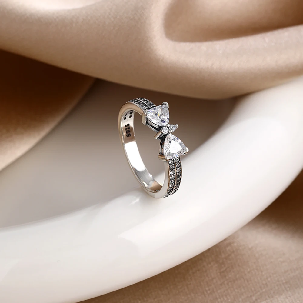 925 Sterling Silver Red Pink White bows Ring For Women Jewelry Open Design Wedding Party Fashion Gift