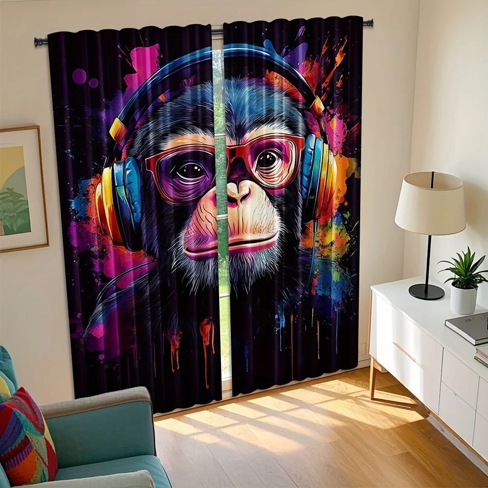 Monkey Curtain, Colorful Chimpanzee Headphones Drapes, Music Animal Blackout Curtains, Modern Art Living Room Decor, 2 Panels