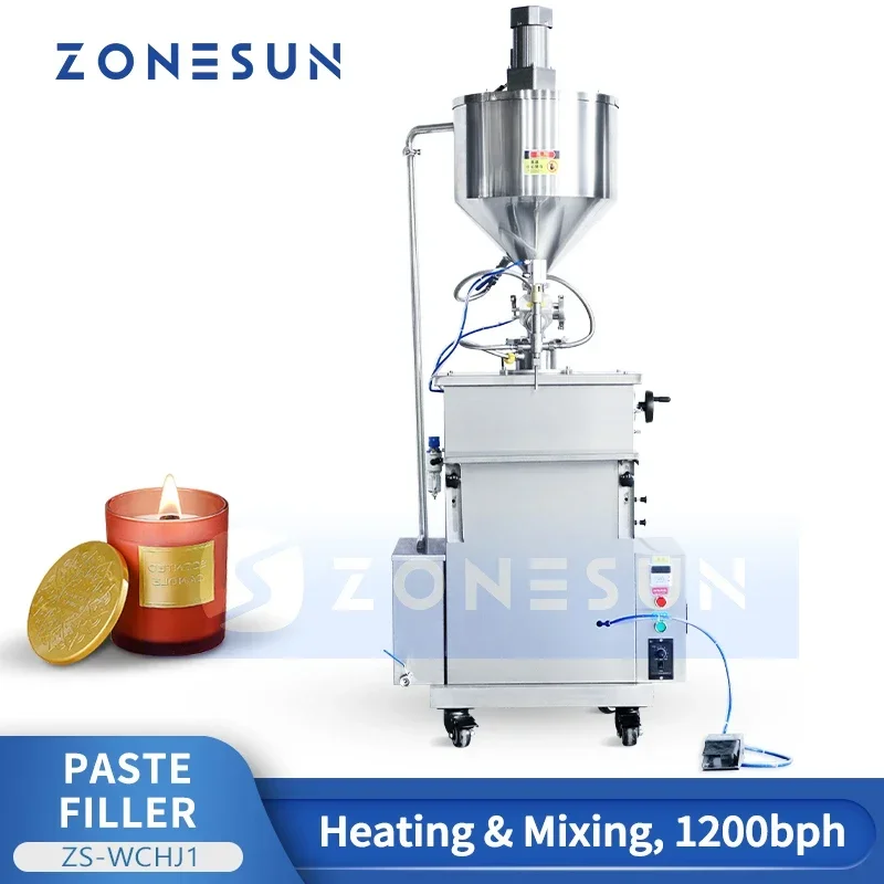 

ZONESUN Semi Autoamtic Heating Stirring Filling Machine Thick Liquid Candle Paste Piston Filler Packing Equipment ZS-WCHJ1