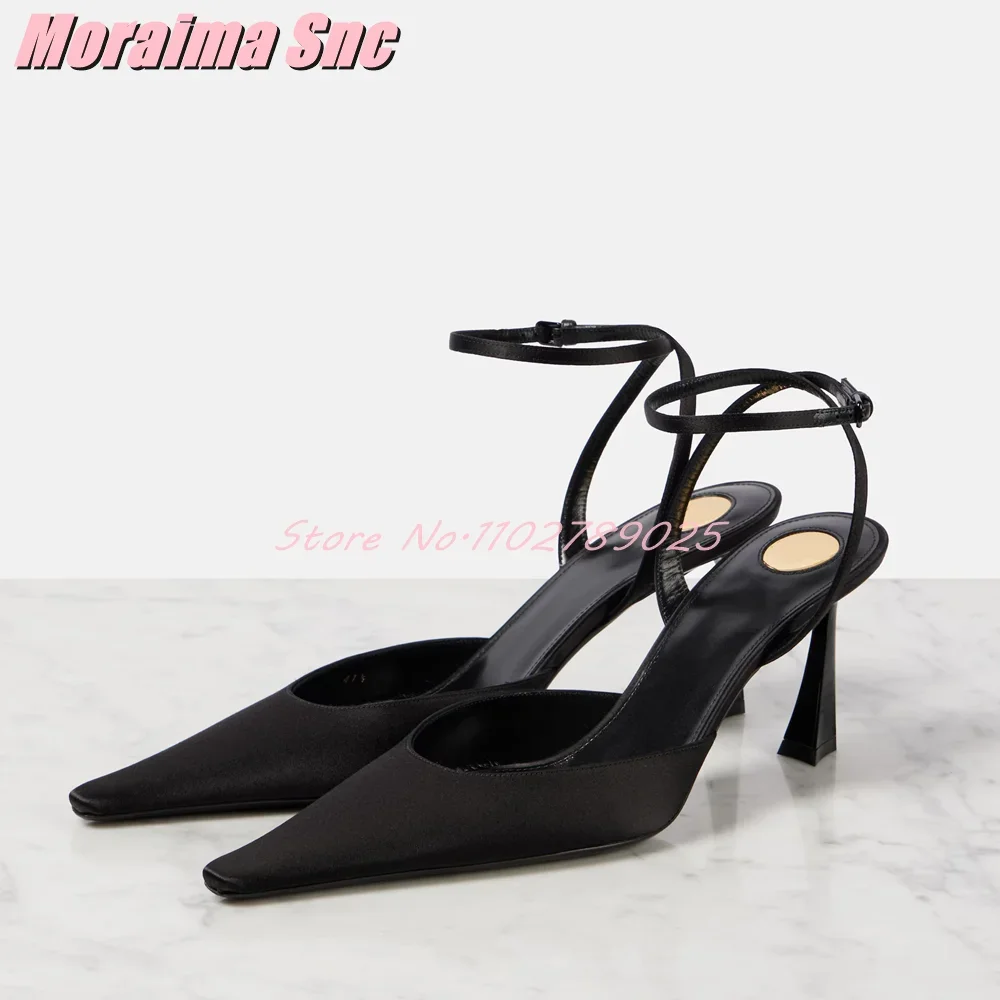 

Satin Pointed Toe Ankle Buckle Sandals Stiletto High Heels Sexy Fashion Women's Dress Shoes Summer Banquet Party Black Solid New